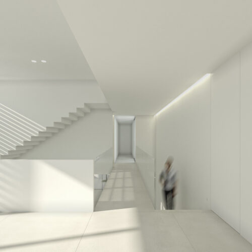 06 spazio living con pavimento in gres e passerella su spazio a doppia altezza